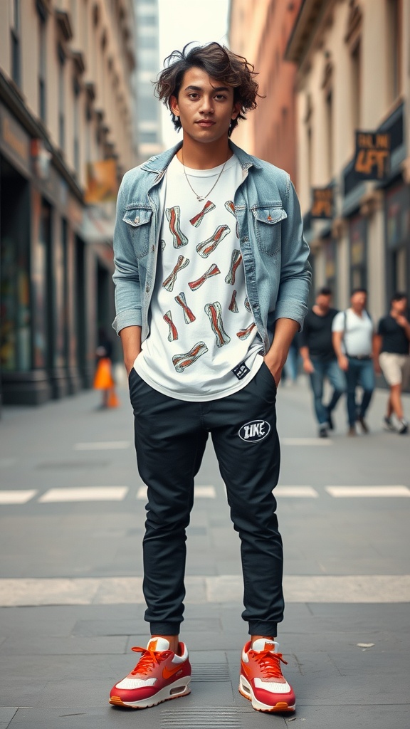 A trendy outfit featuring Bacon Air Max 90 sneakers, paired with a graphic t-shirt and joggers in an urban environment.